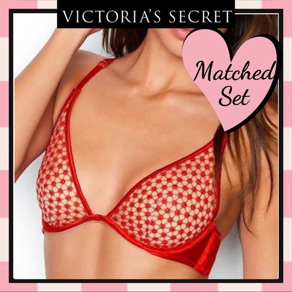 NWOT Victoria’s Secret 36D & Medium Tanga LUXE Unlined Mesh Plunge Bra Red Set - Picture 1 of 10